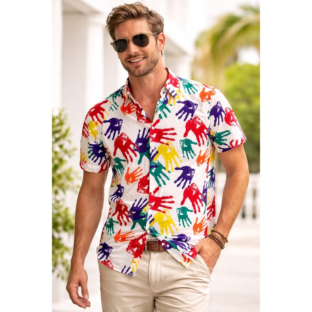 Thomas‎ Mens White Rainbow Handprint Graphic Short Sleeve Button Down Shirt L